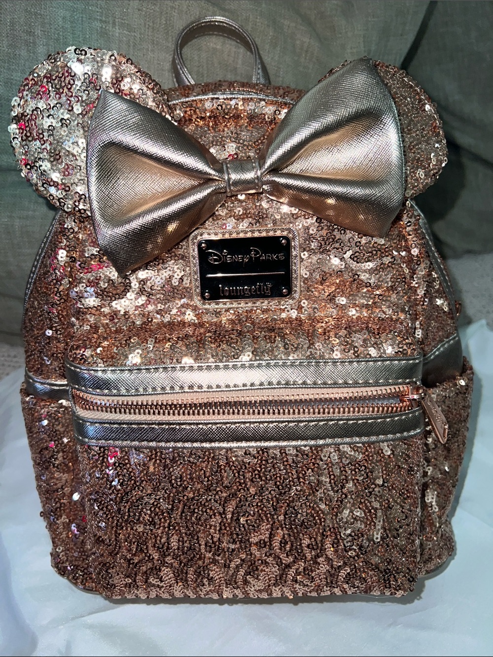 Disney Parks Loungefly Minnie Mouse Rose Gold Sequin Mini Backpack